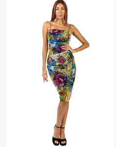 JADE Ruched Knee Length Print Dress with Spaghetti straps JADE Ruched Knee Length Print Dress with Spaghetti straps