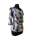 VANESSA Crossover with Pleated Side 3/4 Sleeves Printed Stretch Jersey Top