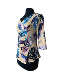 VANESSA Crossover with Pleated Side 3/4 Sleeves Printed Stretch Jersey Top