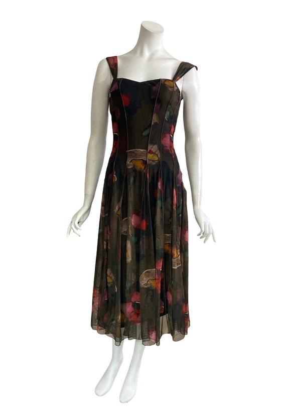 ALMA 822 Sleeveless Tea Length Fit N Flare Paneled Dress.