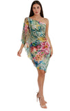 Oahu Ruched One Shoulder Open Angel Sleeve Asymmetrical Hem Dress