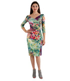 Oahu Crossover Ruched 3/4 Sleeve Knee Length Dress