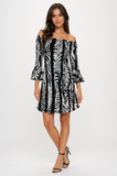 EFFIE Off-Shoulder Bell Sleeve Black and White Burnout Lace Flared Dress