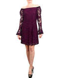 NURIELLE Off-Shoulder Bell Sleeves Embroidered Lace Dress Magenta