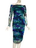 LILLIAN Off Shoulder Knee Length Long Sleeve Print Mesh Sheath Dress (Copy)