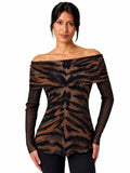 SAFARI Draped Neckline Off-Shoulder Long Sleeves Print Top
