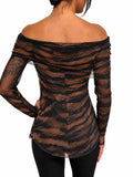 SAFARI Draped Neckline Off-Shoulder Long Sleeves Print Top
