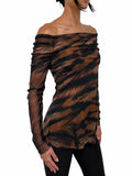 SAFARI Draped Neckline Off-Shoulder Long Sleeves Print Top