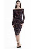 SAFARI Off Shoulder Knee Length Long Sleeve Tiger Print Mesh Sheath Dress