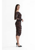 SAFARI Off Shoulder Knee Length Long Sleeve Tiger Print Mesh Sheath Dress