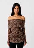 CONGO Draped Neckline Off-Shoulder Long Sleeves Print Top