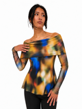 Becky Draped Neckline Off-Shoulder Long Sleeves Print Top