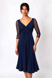 MAXIMA  Fit in 3/4 Sleeves Flare Tea Length Dress /Navy