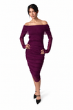MAXIMA Off Shoulder Knee Length Long Sleeve Print Mesh Ruched Sheath Dress