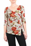 DAHLIA Crossover with Pleated Side 3/4 Sleeves Printed Panne Velvet Top