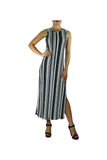 SIBEL Sleeveless Crew Neck Vertical Stripe Maxi Dress with Slits