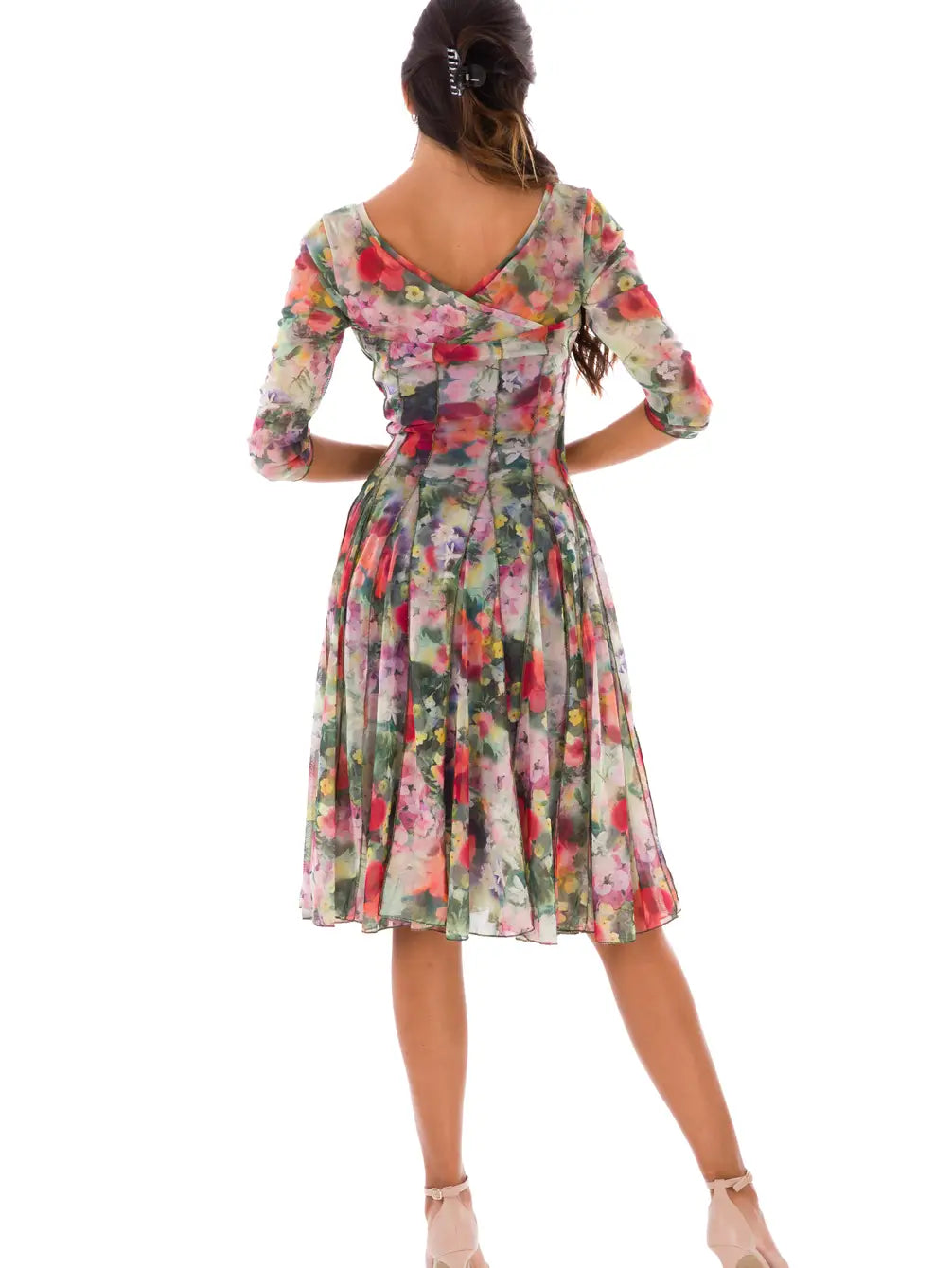 fit and flare floral print dresses knee length PRIMAVERA Fit and Flare 3/4 Sleeves Paneled Floral Print Dress