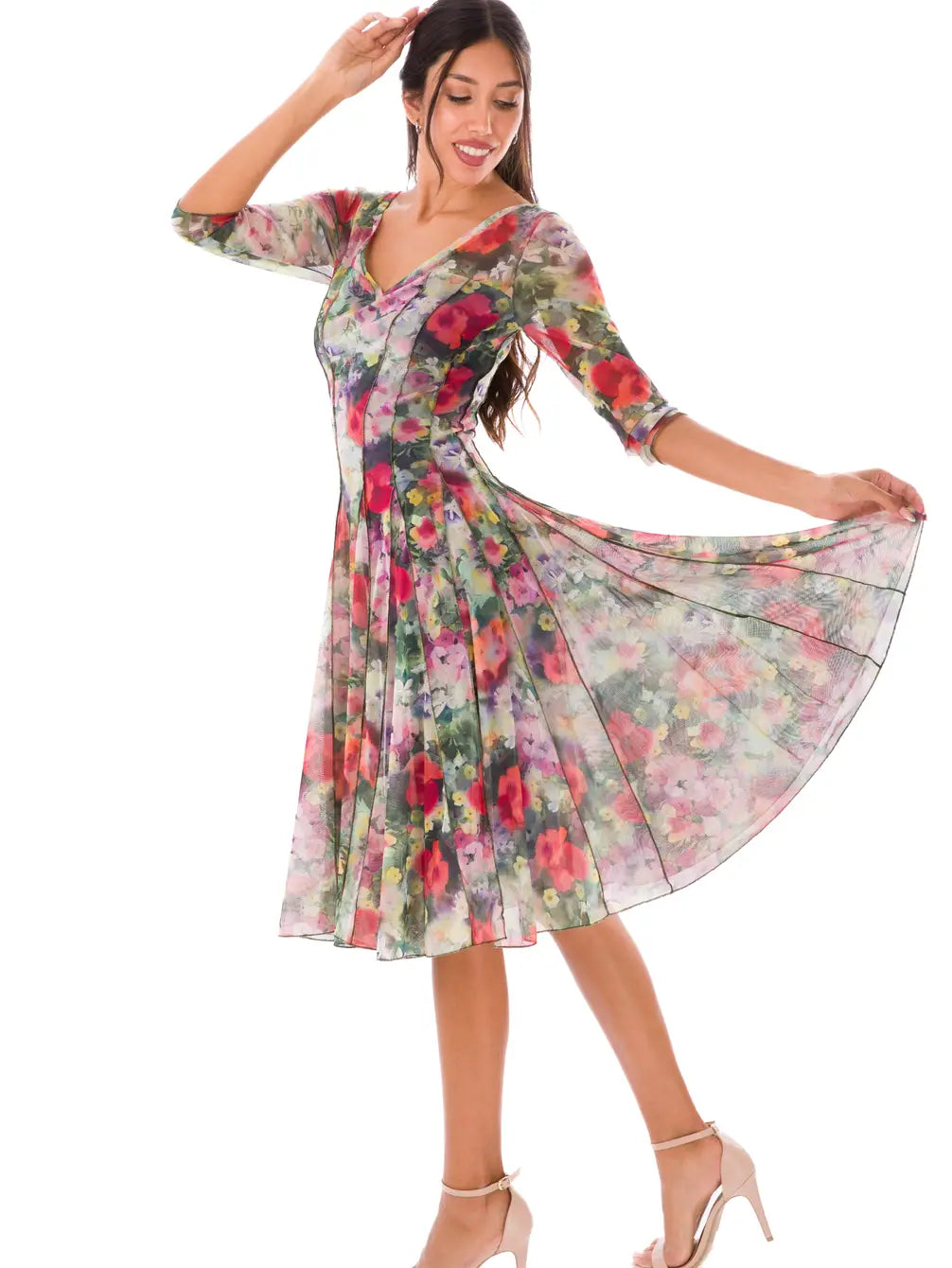 Primavera Fit and Flare 3/4 Sleeves Paneled Floral Print Dress Primavera Fit and Flare 3/4 Sleeves Paneled Floral Print Dress