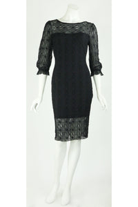 SARAH Fitted Knee Length Black Lace Dress with Puffed Sleeves