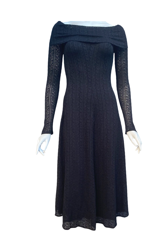 SOPHIA Off Shoulder Long Sleeve Midi Flared Dress in Black Lace