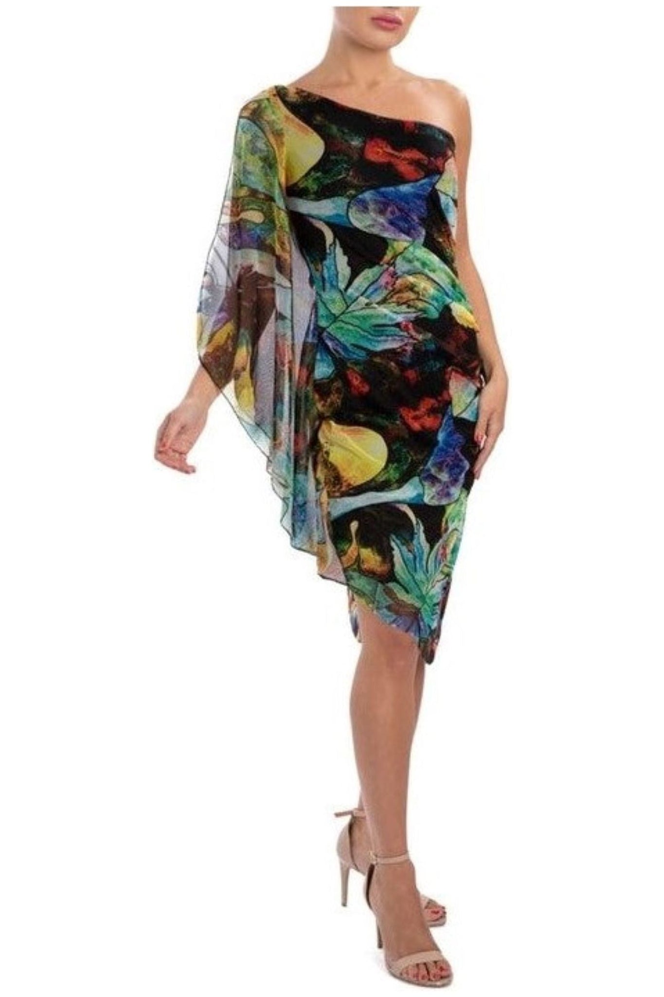 DOMINQUE One Shoulder Angel Sleeve Asymmetrical Hem Dress Elana Kattan DOMINQUE One Shoulder Angel Sleeve Asymmetrical Hem Dress Elana Kattan