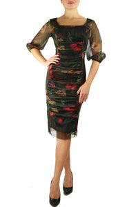 ALMA Printed Fitted Dress with 3/4 puffed sleeves