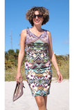 CARA Cowl Neck Sleeveless Ruched Knee Length Print Dress