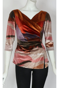 DESIRE' Crossover with Ruched Side 3/4 Sleeves Printed Velvet Top