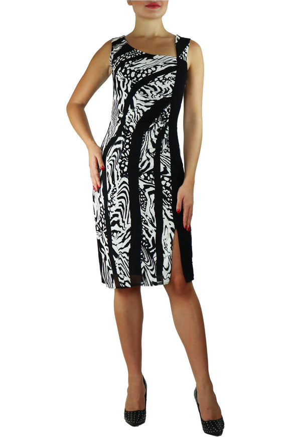EFFIE Black and White Asymmetrical Neckline Dress With Slit