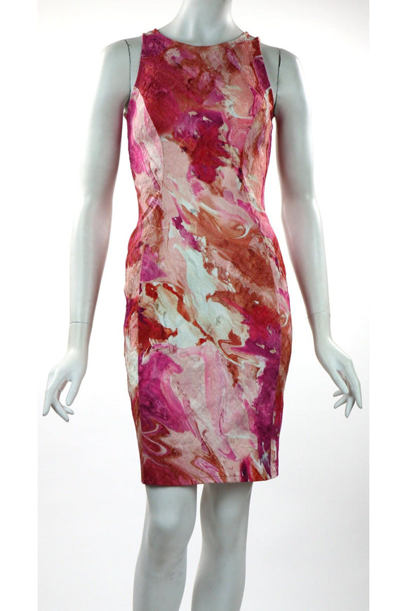 GEMMA Textured Watercolor Fitted Sleeveless Sheath Dress FUCHSIA