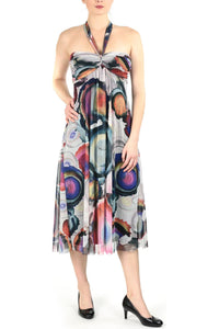 Mid Calf Strapless Halter Print Fit and Flare Dress