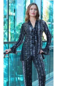 GINA Long Bell Sleeves Neckline with Tie Burnout Velvet Tunic Top
