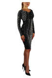 GINA Long Sleeves Cowel Neck Knee-High Burnout Velvet Fitted Dress