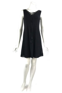 MAXIMA Grommets And Ribbon Sleeveless A-line Black Trapeze Dress MAXIMA Grommets And Ribbon Sleeveless A-line Black Trapeze Dress