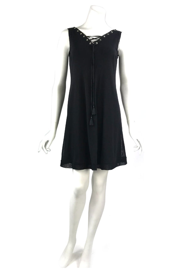 MAXIMA Grommets And Ribbon Sleeveless  A-line Black Trapeze Dress