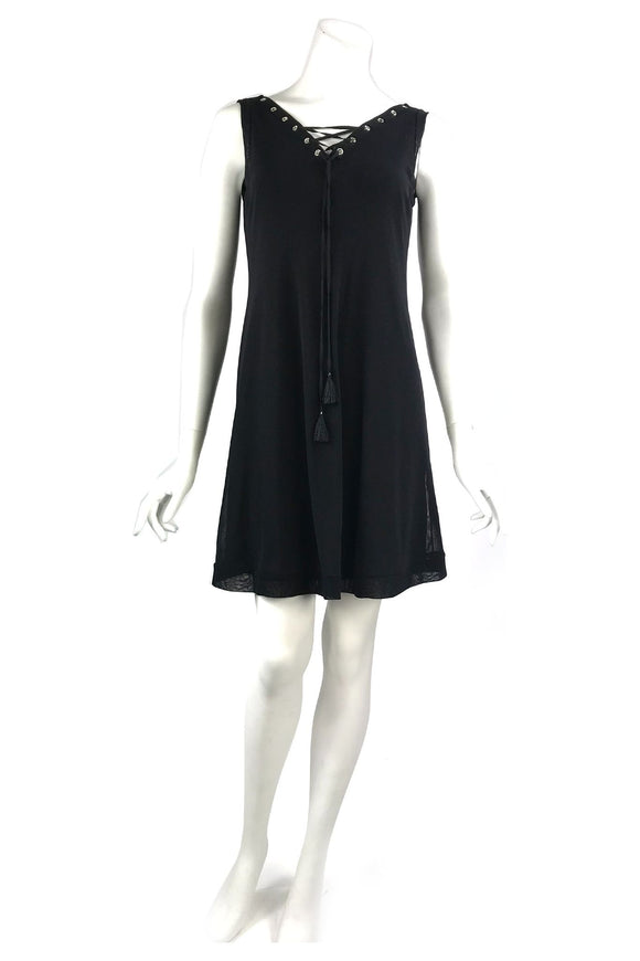 Elana Kattan | MAXIMA Grommets Sleeveless A-line Black Trapeze Dress Elana Kattan | MAXIMA Grommets Sleeveless A-line Black Trapeze Dress