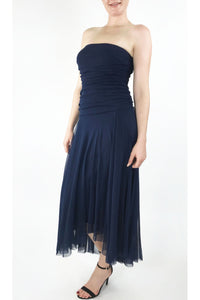 MAXIMA Strapless Ruched Bodice Tea Length Dress Navy Blue