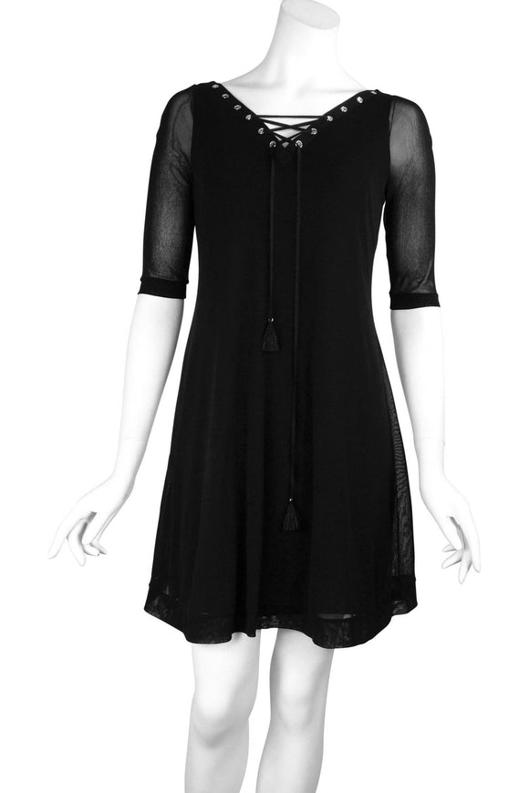 MAXIMA Grommets and Ribbon 3/4 Sleeves Black A-Line Trapeze Dress MAXIMA Grommets and Ribbon 3/4 Sleeves Black A-Line Trapeze Dress