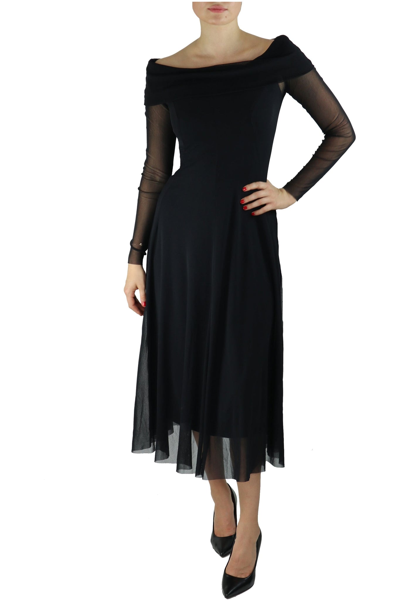 Elana Kattan | MAXIMA Off Shoulder Mid Calf Flared Dress Black