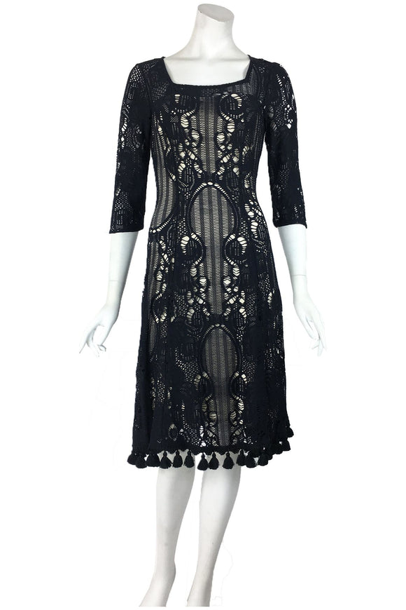MURIEL Black Fit and Flare 3/4 Sleeves Crochet Lace Dress with Fringes