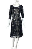 MURIEL Black Fit and Flare 3/4 Sleeves Crochet Lace Dress with Fringes
