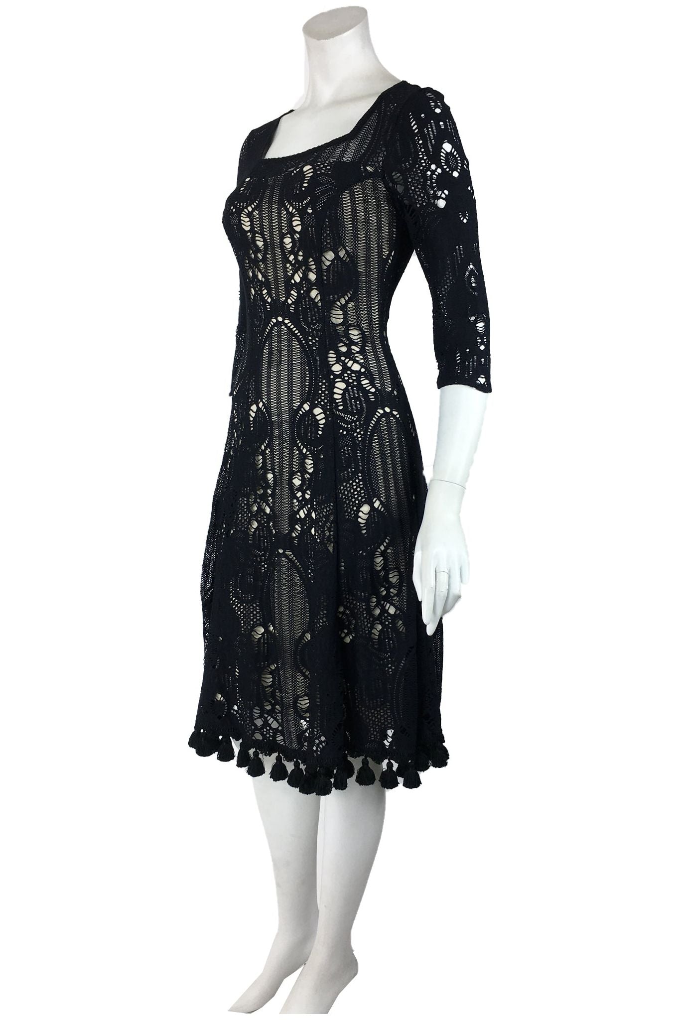 Elana Kattan | MURIEL Black 3/4 Sleeve Fit N Flare Crochet Lace Dress