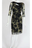 QUEEN Ruched 3/4 Sleeve Keyhole Neckline Knee Length Print Dress