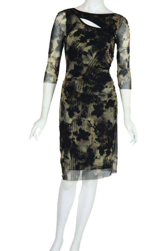 QUEEN Ruched 3/4 Sleeve Keyhole Neckline Knee Length Print Dress