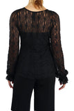 SARAH Long Ruffled Sleeves Crew Neckline Textured Lace Top Black