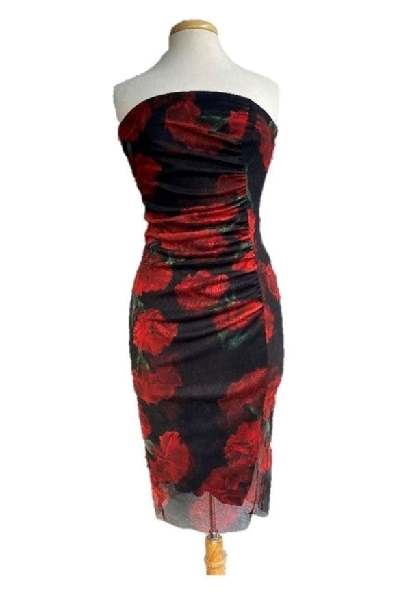 SCARLETT Strapless Ruched Knee Length Floral PRINT Dress