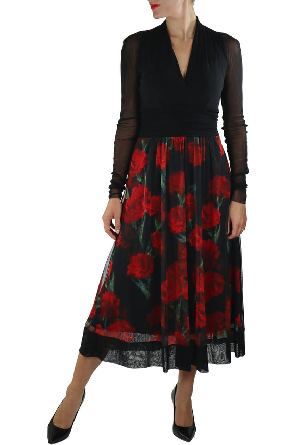 SCARLETT Long Sheer Sleeve Rose Petal Print Empire V Neck Dress