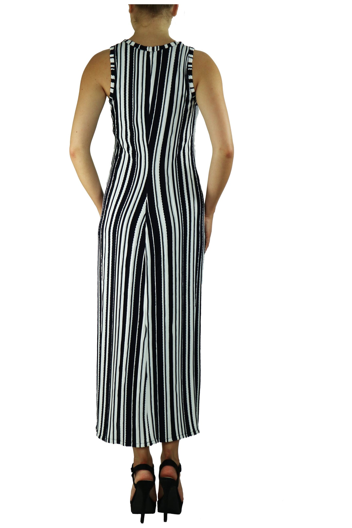 SIBEL Sleeveless Crew Neck Vertical Stripe Maxi Dress with Slits SIBEL Sleeveless Crew Neck Vertical Stripe Maxi Dress with Slits