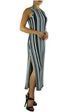 SIBEL Sleeveless Crew Neck Vertical Stripe Maxi Dress with Slits