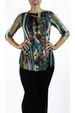 TAMMY Abstract Floral Diagonal Splice 3/4 Length Sheer Sleeves Tunic Top